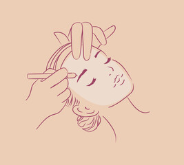 Female face eyebrow beauty procedure drawing in minimalist style on peach background