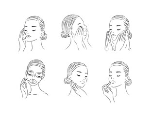 Female face and skin care beauty collection drawing in minimalist style on white background