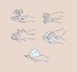 Female hand washing and treatment collection with soap, foam and cream drawing in minimalist style on beige background