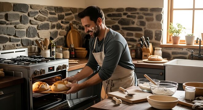 Man baking bread in rustic kitchen, artisan baker at work.