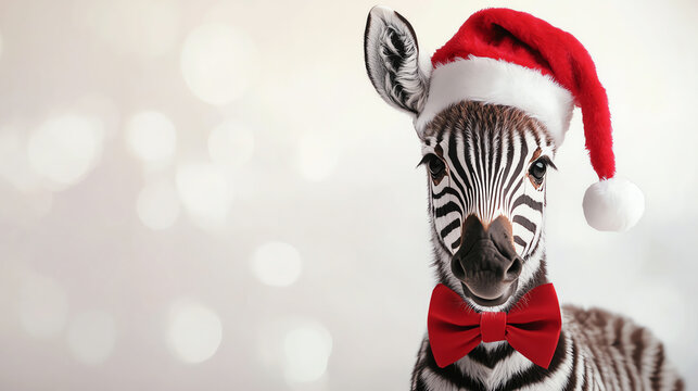 Baby zebra wearing red bow tie and Santa hat, smiling, white background