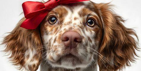 Happy dog present for christmas, birthday or anniversary, wearing a red ribbon on head. isolated against white background.