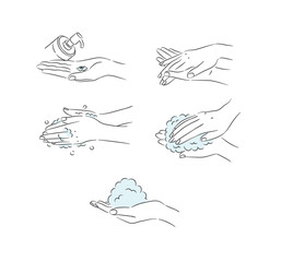 Female hand washing and treatment collection with soap, foam and cream drawing in minimalist style on white background