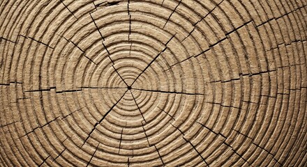 Closeup topdown view of a tree trunk crosssection with concentric growth rings and radial cracks