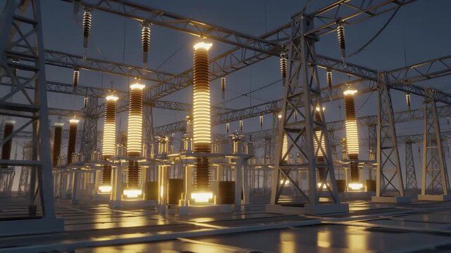 High Voltage Electric Power Substation Grid Infrastructure at Night