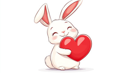 Cute bunny holding big red heart, smiling, white background, cartoon style