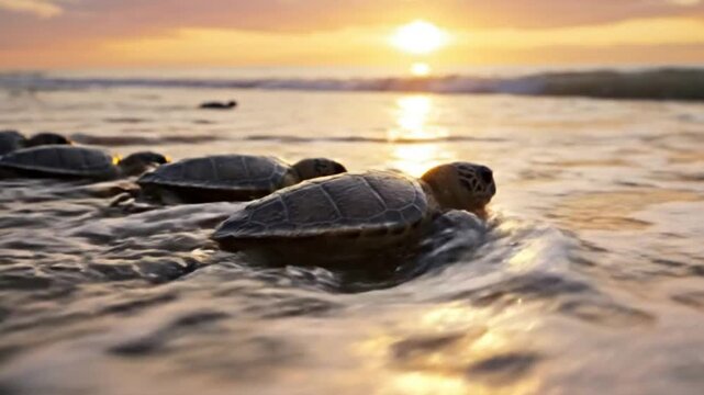 A group of resilient sea turtle hatchlings embarks on their maiden voyage towards the vast ocean at a breathtaking golden hour. The tiny creatures navigate the wet sand, with gentle waves washing over