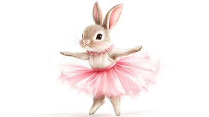 Cute bunny wearing pink ballet tutu dancing gracefully, white background, cartoon style