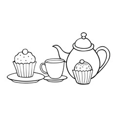 A charming tea set with a delicate teapot, matching cups, and a sweet cupcake beside them, all outlined for coloring. A cozy scene inviting creativity and warm afternoon vibes.

