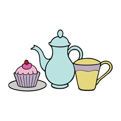 A charming tea set with delicate cups and a steaming pot sits beside a cute, frosted cupcake, creating a cozy moment of sweetness and warmth perfect for a relaxing break.
