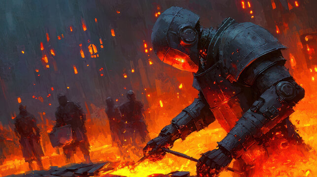 Fantasy illustration depicting blacksmith working fiery forge, surrounded by glowing embers and shadowy figures. scene conveys sense of intensity