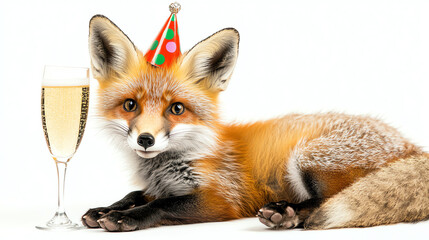 Fototapeta premium Cute fox with party horn and champagne glass, white background