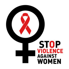 Vector graphic depicting a female symbol with a red ribbon inside, accompanied by the words stop violence against women
