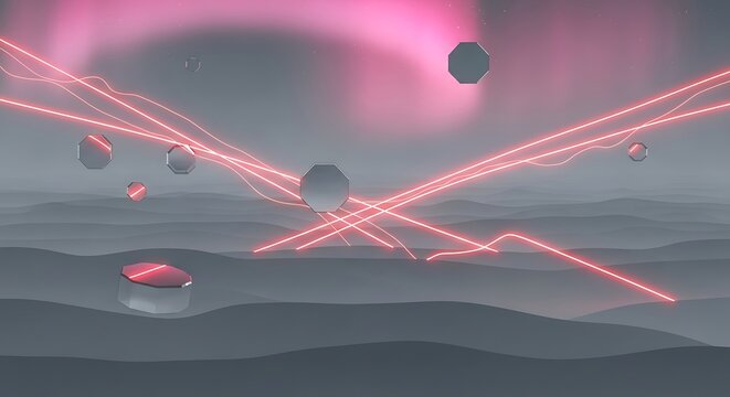 Digital future landscape illustration with glowing lines and geometric shapes