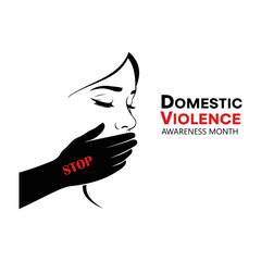 Vector illustration of a woman's face with a hand covering her mouth and the word stop for domestic violence