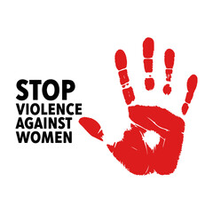 Vector image depicting a red handprint with the text stop violence against women on a white background