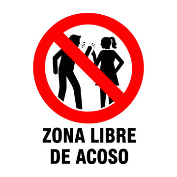 Vector sign depicting a man and a woman arguing inside a red circle with a line through it and zona libre de acoso