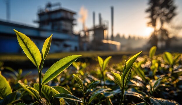 Green Tea Factory: The lush tea plants bask in the golden light of dawn, offering a captivating view of the industrial factory, showcasing the harmony of nature and industry.