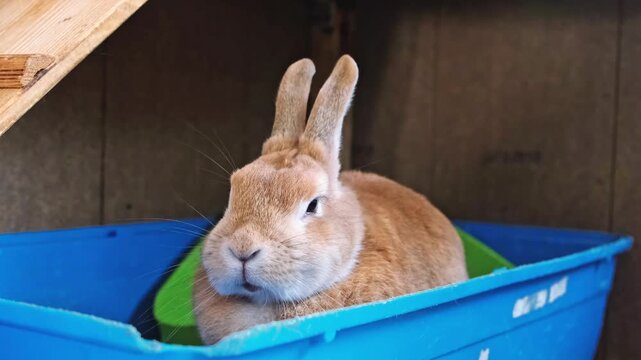 A cute beige rabbit falling asleep right in front of my eyes in his enclosure. Sweet domestic animal rests in the tray of cage. Easter bunny. Sweet pet behaviour side view. High quality 4K footage.