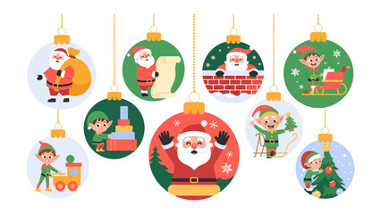 Joyful Christmas Ornament Collection: A vibrant assortment of festive ornaments, each showcasing a delightful illustration of Santa Claus and his whimsical elf companions.