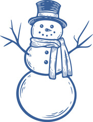 Smiling snowman with hat buttons scarf, frost engraving isolated