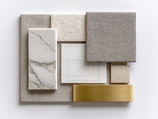 Colorful and textural flat lay featuring materials for a modern classic apartment aesthetic including fabric, stone, and metal finishes