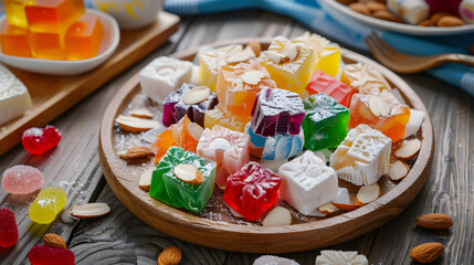 A vibrant combination consisting of Turkish delight, with colorful candies in the middle, surrounded by white chunks, dotted with almonds, placed on a wooden plate, illuminated by natural light with s