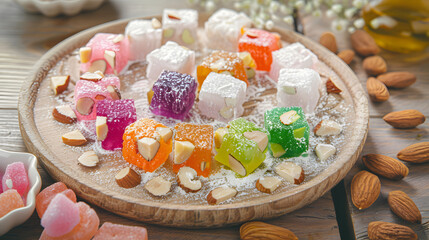 A vibrant combination consisting of Turkish delight, with colorful candies in the middle, surrounded by white chunks, dotted with almonds, placed on a wooden plate, illuminated by natural light with s