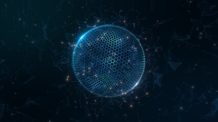 Abstract blue hexagon hexa sphere animation. Artificial intelligence. Digital visualize data. Virtual reality hologram. Global network connection futuristic technology Earth planet with cyber security - Powered by Adobe