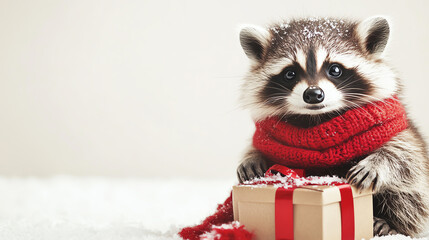 Cute raccoon wearing red scarf, sitting with gift box, white background