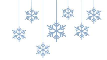 Minimalist winter graphic featuring seven stylized pale blue snowflakes hanging at various lengths by thin lines against a clean white background. Simple and elegant design for Christmas, New Year, or
