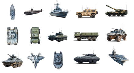 A collection of military vehicles and equipment, including tanks, ships, and trucks, arranged in a grid pattern.