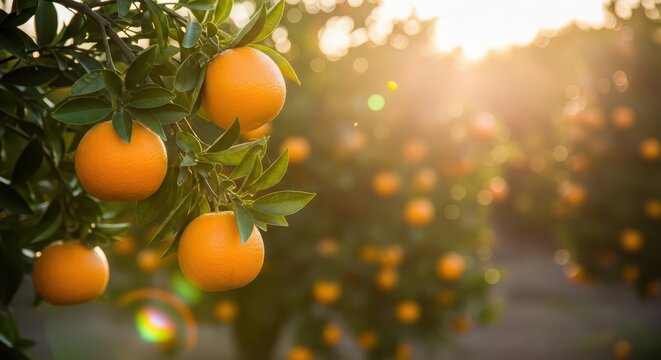 Ripe oranges hang from a tree branch in an orchard at sunset, with warm sunlight filtering through the leaves - Powered by Adobe