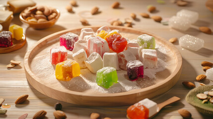 A vibrant combination consisting of Turkish delight, with colorful candies in the middle, surrounded by white chunks, dotted with almonds, placed on a wooden plate, illuminated by natural light with s