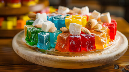 A vibrant combination consisting of Turkish delight, with colorful candies in the middle, surrounded by white chunks, dotted with almonds, placed on a wooden plate, illuminated by natural light with s