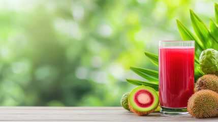Fototapeta premium Fresh fruit juice in glass with vibrant colors, surrounded by tropical fruits and green foliage, evokes refreshing and healthy vibe