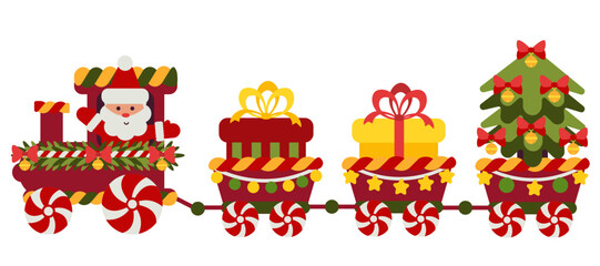 Red Christmas train with Santa Claus, gifts, and decorated tree.  Perfect for festive posters, cards, and children’s holiday art.