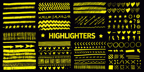 Collection of hand drawn yellow highlighter brush strokes and graphic elements on black background