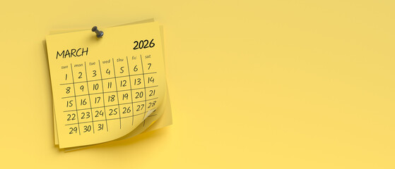Naklejka premium March 2026 Calendar Page with Yellow Background