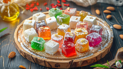 A vibrant combination consisting of Turkish delight, with colorful candies in the middle, surrounded by white chunks, dotted with almonds, placed on a wooden plate, illuminated by natural light with s