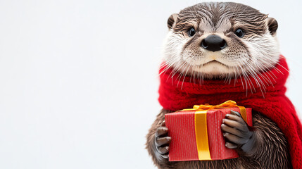 Little otter wearing red scarf, holding gift box, white background