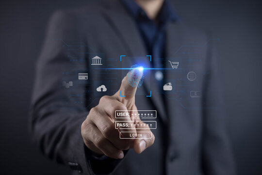 Businessman using fingerprint scan for digital login, cybersecurity and biometric authentication concept, secure access technology with data protection and futuristic user interface.