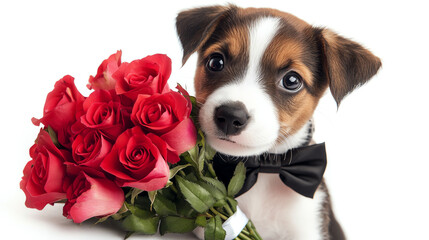 Puppy wearing bow tie holding bouquet of roses, white background