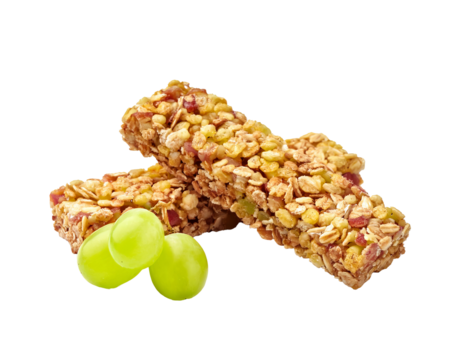 Two energy bars with green grapes on transparent background