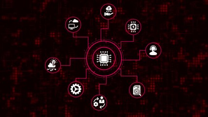 Advanced technology interface with a central processing unit, cloud computing, data analysis, and customer support icons on a dark red digital background - Powered by Adobe