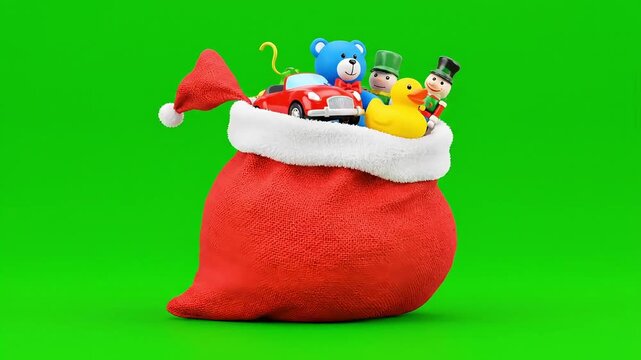 Santa's magical animated toy sack overflowing with holiday gifts, ready to deliver Christmas cheer to children around the world in a whimsical festive celebration
