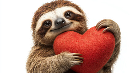 Obraz premium Sloth hugging big heart, smiling, white background
