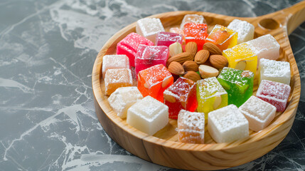 A vibrant combination consisting of Turkish delight, with colorful candies in the middle, surrounded by white chunks, dotted with almonds, placed on a wooden plate, illuminated by natural light with s