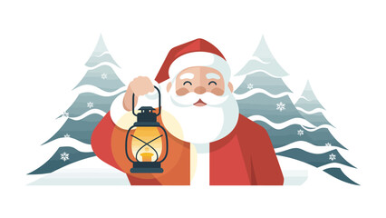 Santa's Guiding Light: A jovial figure of Santa Claus, with a warm smile, holds a glowing lantern amidst a snowy winter landscape, symbolizing hope and guidance during the festive season.