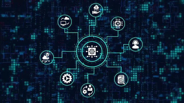 The digital transformation concept with icons of business functions connected to a central processing unit, representing the integration of technology into all areas of a company